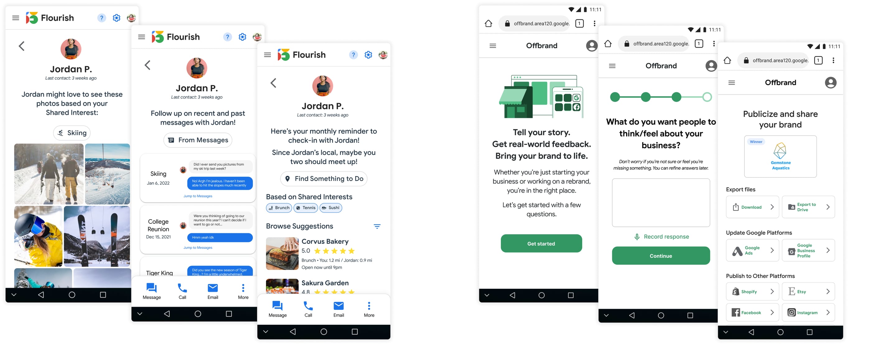 Six floating mobile screens: three from Flourish suggesting photos to share with a contact and reminders to reconnect over shared interests, and three from Offbrand walking a small business owner from Tell your story through brand questions to publishing their brand across Google and social platforms