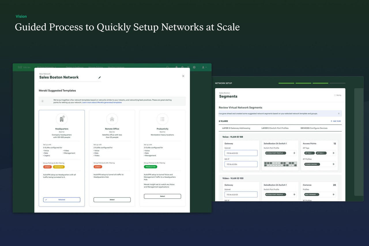 Guided Process to Quickly Setup Networks at Scale: desktop screens.