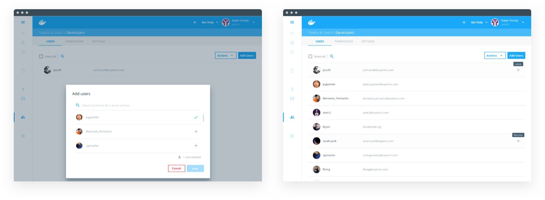 Two Docker team management screens: an Add users dialog searching by Docker ID or email over the Developers team, and the team’s member list with Add Users and Actions controls