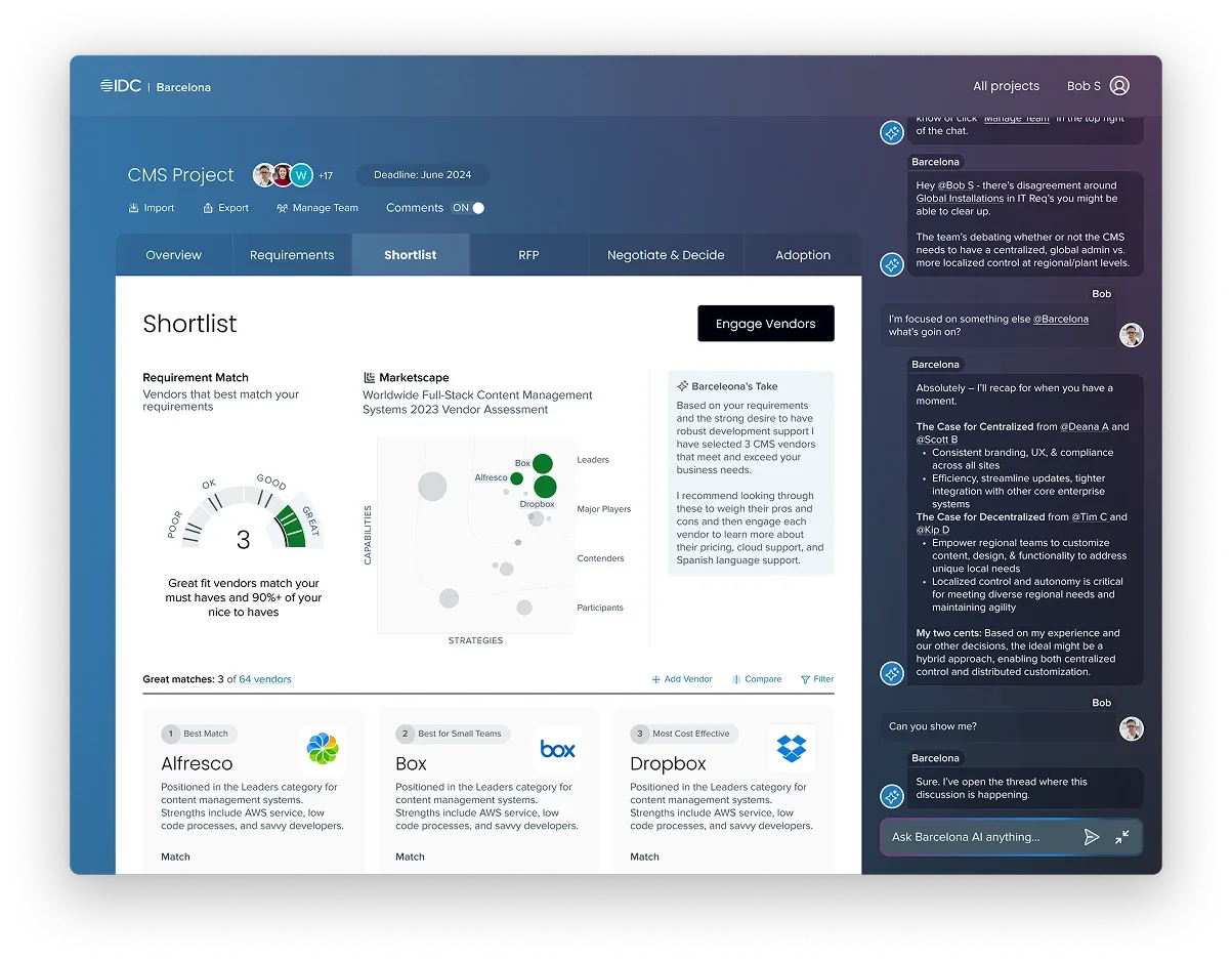 Buyer platform shortlist screen: a requirement match gauge, a vendor assessment chart, a recommendation panel, top three vendor cards, and a team discussion thread in the sidebar